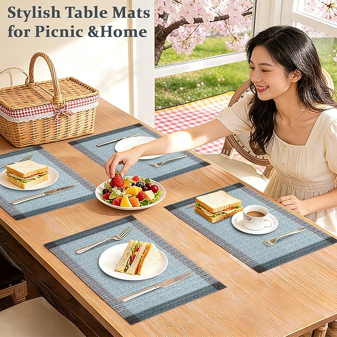 Bloss Blue Grey Ethnic Boho Placemats Set of 4-12x18Inch Table Mats Washable Heat-Resistant Place Mats for Dining Table, Easy to Clean Boho Farmhouse Placemats for Holiday Party Dining Table Decor