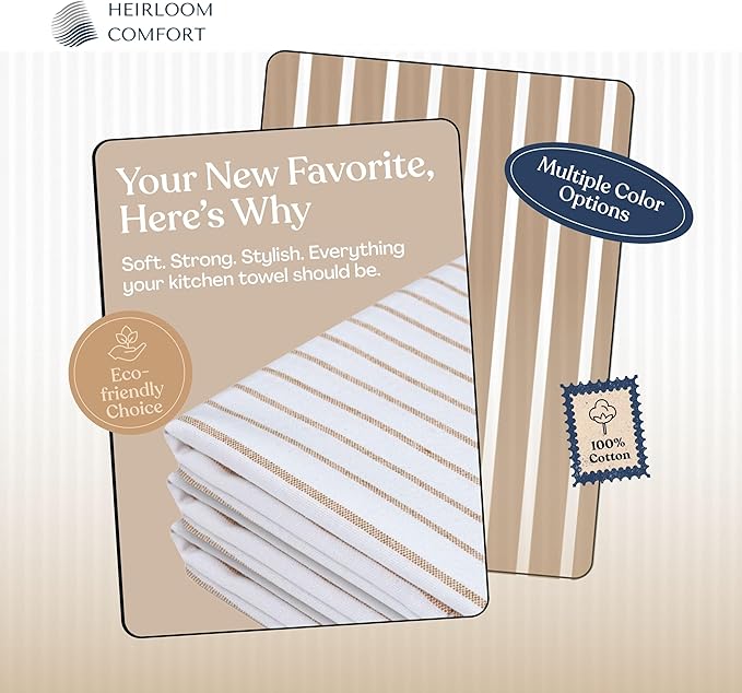 Beige Stripe Kitchen Towels, 12 Pack, 100% Cotton, Super Absorbent and Quick Dry, Classic Striped Towel Set, Durable Dish Cloths for Kitchen Use, Cleaning & Drying Dishes