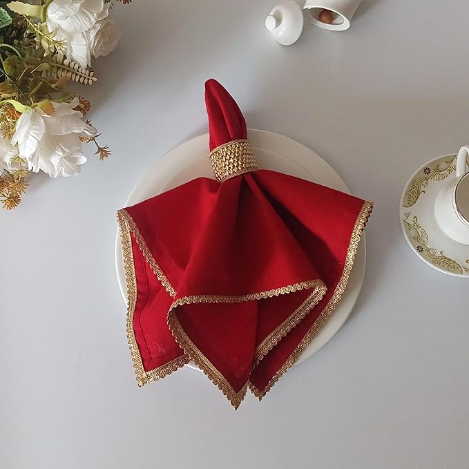 FINGERCRAFT Dinner Cloth Napkin Cotton Blend 12 Pack Mitered Corners with Elegant Golden Lace for Everyday Use Napkins are Pre Shrunk and Good Absorbency Wedding Christmas Special Color Tango Red