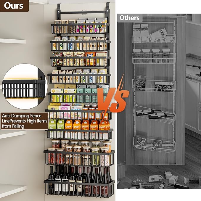 POKIPO 9 Tier Over The Door Pantry Organizer, 2 in 1 Wall Mount or Hanging Spice Rack with Adjustable Basket, Seasoning Organizer and Storage for Kitchen Cabinet Closet Bathroom
