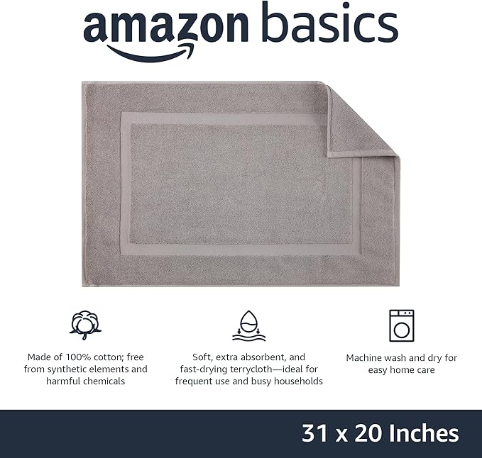 Amazon Basics Banded Bathroom Bath Rug Mat, Machine Washable, 100% Cotton, 31" x 20", Powder Gray