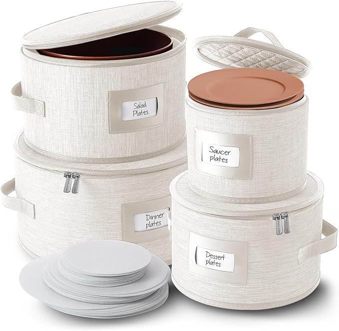 Fine China Storage Containers Hard Shell, 4 Piece Dish Storage Containers, Quilted Plate Containers, Stackable Dish Organizer with Dividers, Dinnerware Storage for Moving and Seasonal Storage, Cream
