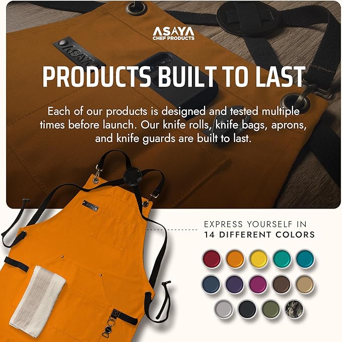 Asaya Chef and BBQ Apron with Bottle Opener and Hand Towel - 10oz Cotton Canvas, Stainless Steel Hardware - Cross Back Straps