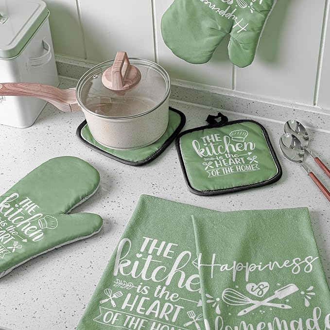 Sratte 6 Pcs Kitchen Decor Accessories Set Farmhouse Towels Pot Holders Oven Mitts Set 2 Dish Towels 2 Potholders 2 Cooking Mittens Oven Glove for Christmas Baking Cooking Supply(Sage Green,Kitchen)