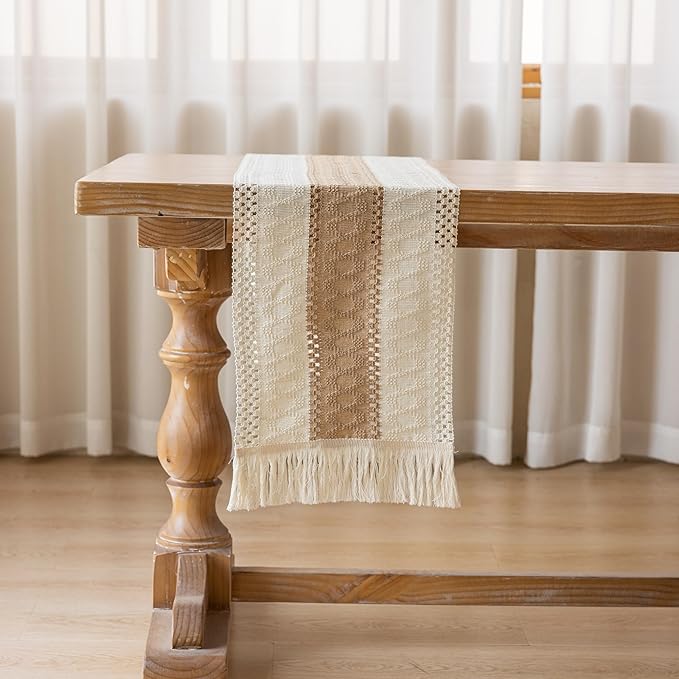 Keketoarrange Boho Table Runner Cream Beige Brown for Home Decor 12x48 Inches Farmhouse Small Macrame Woven Burlap Rustic Coffee Table Runner Dresser Scarf Dining Kitchen Centerpiece Bohemian Decor