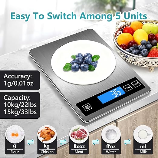 Food Kitchen Scale, Digital Food Scale 22lb/10kg Digital Kitchen Scale Precisely Measures Grams and Ounces for Meal Prep Baking and Cooking, Coffee, 304 Stainless Steel Kitchen Scale LCD Display