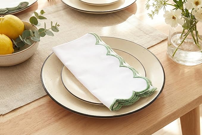 PurpleEssences Scalloped Embroidery Cloth Napkins - Spring Easter Summer - Table Decor - 100% Cotton - Set of 4-18x18 inch - White - Edges - Sage Green