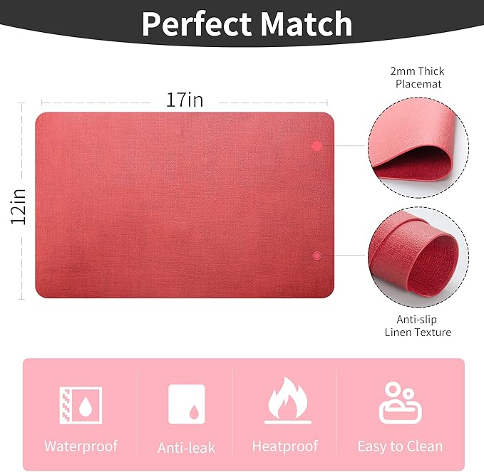 Maxpearl Faux Leather Placemats Set of 8 - Waterproof - Wipe Clean - Heat Resistant - Non Slip Dining Table Place Mats, Suitable for Indoor & Outdoor Use, 17’’x12’’, Red