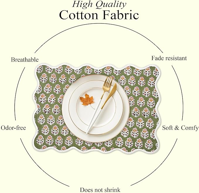 CPC Cotton Placemats Jade Green Set of 4-Hand Block Printed Reversible Placemats, Machine Washable, Flower Scalloped & Embroidered Cloth Table Mats - 14 x 20 inch