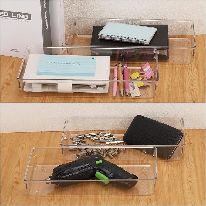 Ohlove 6Pcs Clear Plastic Drawer Organizers Tray 12" x 6.2" Storage Bins with 25Pcs Non-Slip Pads for Makeup, Jewelries, Kitchen Utensils, Bathroom and Office