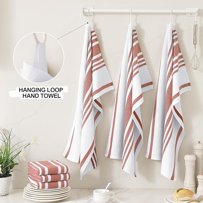 Homaxy Premium Kitchen Towels 18”x 28”, Large Cotton 380 GSM Kitchen Hand Towels, Stripe and Terry Dish Towel, Highly Absorbent Tea Towel Set with Hanging Loop, 8 Pack, Rust