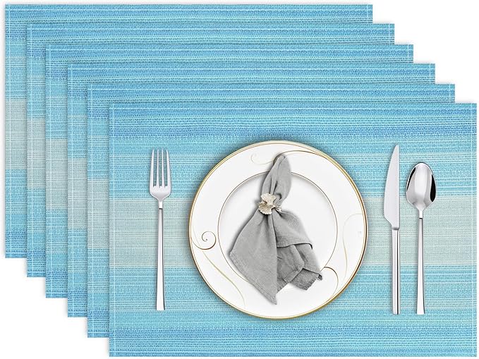 Niviy Placemats Set of 6, 12x18 Inch Washable Easy to Clean Place Mats Heat-Resistant Anti-Skid Cloth Table Mats for Holiday Party Kitchen Dining Table Decoration, Blue