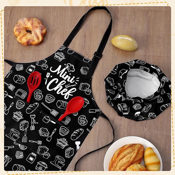 Kids Apron and Chef Hat Set, Funny Apron with 2 Pockets, Adjustable Kids Aprons for Cooking for Boys and Girls