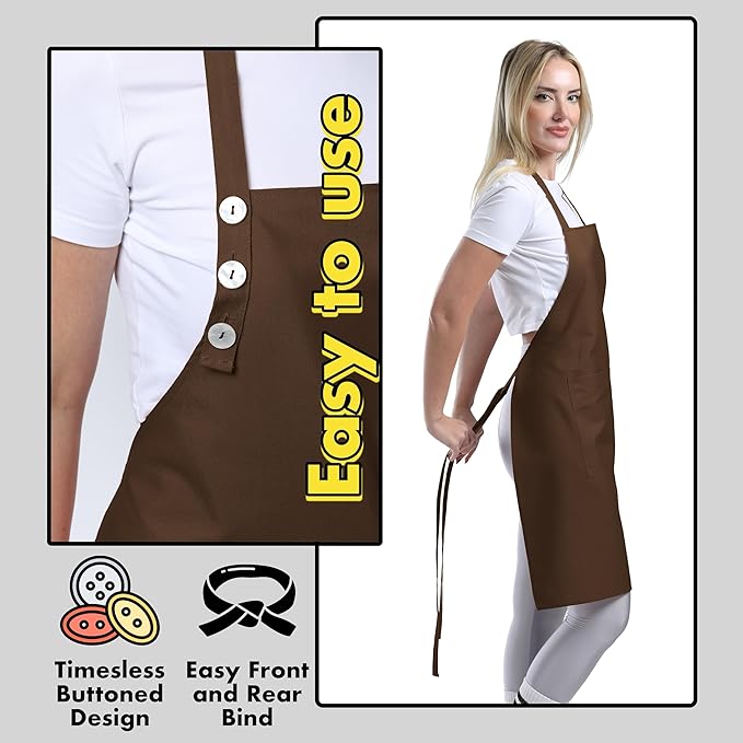 TOSHE Kitchen Apron Waterdrop Resistant Cotton Apron with adjustable Aprons for Women with Pockets 12 Color option Cooking Brown Apron (Brown)