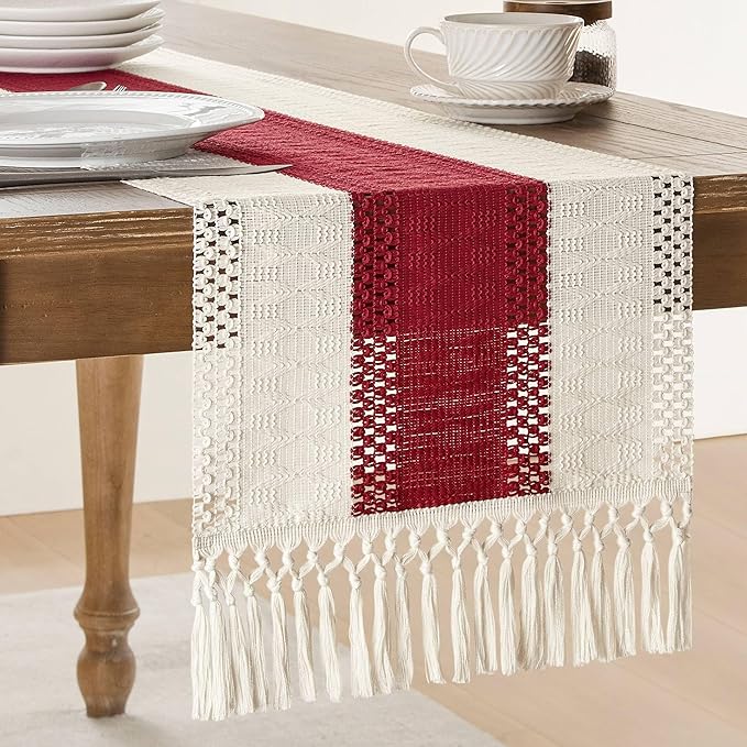 ZeeMart Macrame Style Bicolor Stitching Table Runner, 14 x 108 Inch Red/Ivory, Boho Red Table Runners 108 Inches Long, Farmhouse Woven Home Decor