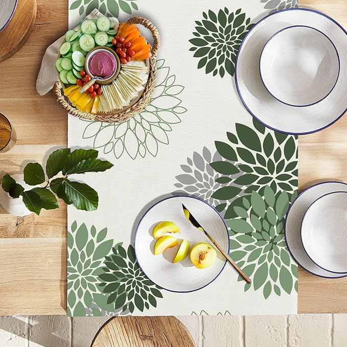 Sage Green Gray Table Runner Dahlia Pinnata Flower Beige Table Runners Modern Elegant Pompon Farmhouse Geometric Table Center Decor for Girls Room Dining Party Patio (13 x 90 Inch)
