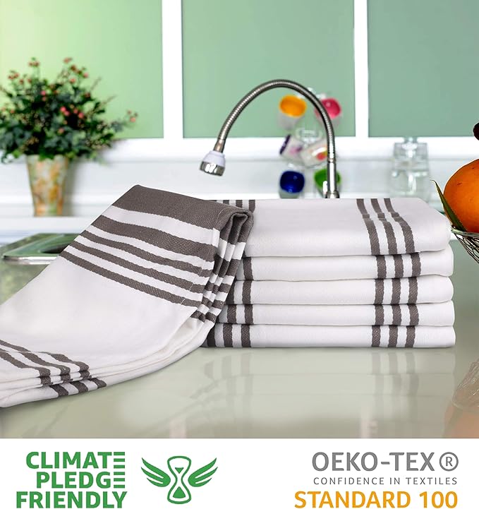 Urban Villa Kitchen Towels 100% Cotton Dish Towels for Kitchen (Set of 6) 20”x30” Dish Cloths Highly Absorbent Kitchen Linen Set with Hanging Loop Perfect for Drying Dishes Cleaning Towels-Grey White