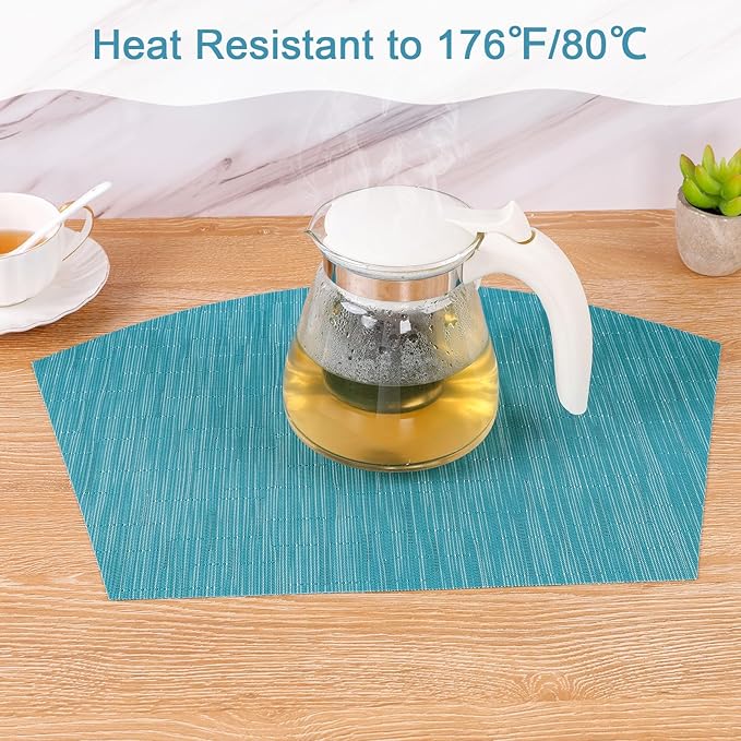 SHACOS Wedge Shape Placemats Set of 8 Woven Vinyl Reversible Placemats for Round Table Curved Place Mats Wipe Clean Non Slip Table Mats Indoor Outdoor, Teal Blue