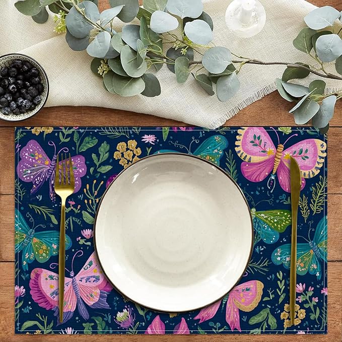 Butterfly Floral Vintage Placemats Set of 6,12 x 18 Inch Table Mats Washable Heat Resistant Linen Fabric Rectangle Place Mat for Party Home Kitchen Dining