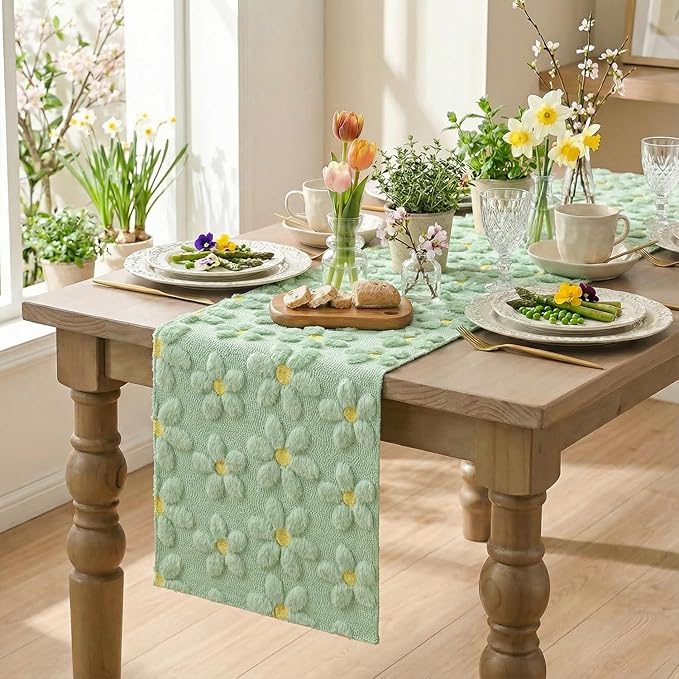 Artoid Mode Green Soft Plush Faux Fur Jacquard Embroidery Daisy Spring Table Runner, Kitchen Dining Table Decoration for Home Party Decor 13x108 Inch