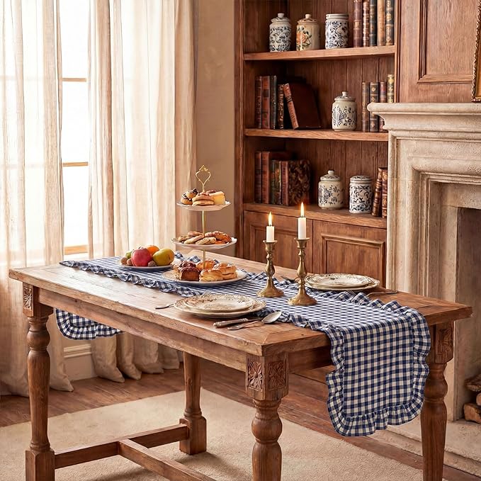 HunnmingRe 1 Pcs Navy Blue Plaid Gingham Ruffle Table Runner 118 x 13.8'' Farmhouse Table Runner 100% Cotton Scalloped Long Dresser Scarves for Dining Room, Wedding, Kitchen Rustic Home Decor