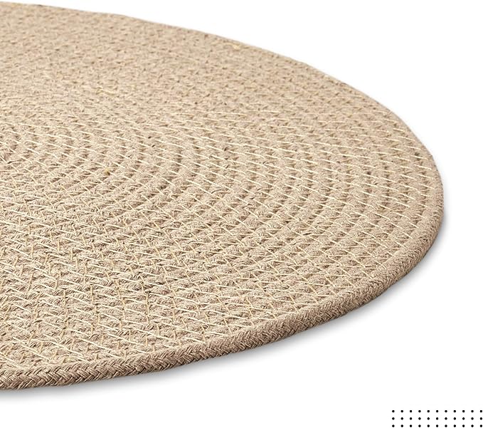Encasa XO Dining Placemats Set of 4 | Cotton Round Table Mat - 13 in Diameter | Beige | Handmade Rib Style Chargers for Dinner Plates