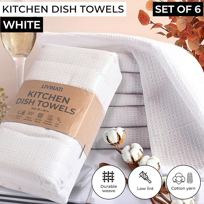 Highly Absorbent Cotton Dish Towels for Drying - Set of 6 White Kitchen Towels - 18"X28" Lint Free Waffle Weave Cloth Linen Hand Bathroom Bulk Dishtowels