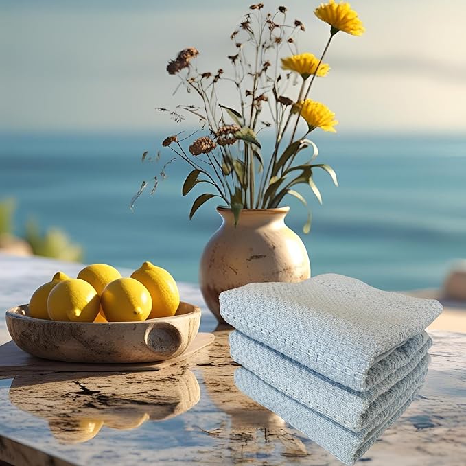 Serafina Home Coastal Sky Light Blue Kitchen Hand Dish Towels: Oversized 28" x 18", 100% Cotton Cloth Soft Cleaning Drying Absorbent Textured Design, Set of 3 Multipurpose for Everyday Use