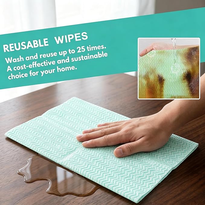 Disposable Dish Cloth and Cleaning Handi Wipes, 100ct, Multi-Use Rags for Kitchen, Bathroom and Windows, Green