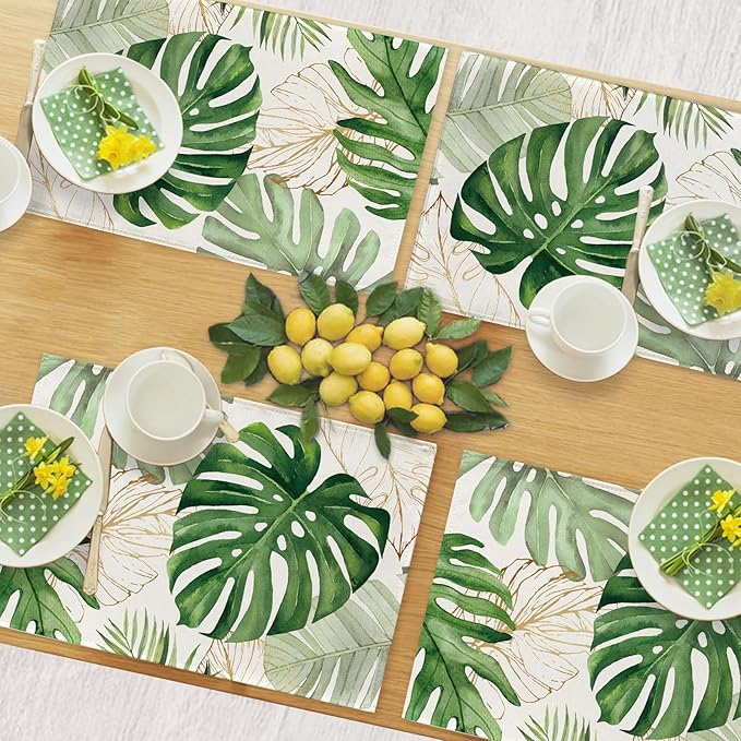 Seliem Spring Summer Palm Leaves Placemats Set of 4, Tropical Greenery Monstera Plant Dining Table Place Mats, Hawaii Seasonal Kitchen Decor Home Decoration 12 x 18 Inch