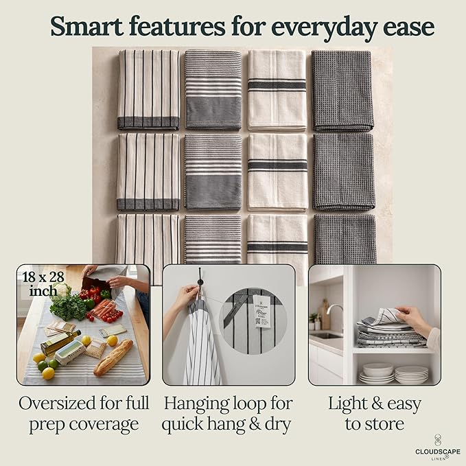 CLOUDSCAPE Kitchen Towels 12 Set 18”x28” Cotton Blended Hand Towels with Hanging Loop - Quick-Drying Dish Towels for Kitchen Essentials, Highly Absorbent, Dish Cloths Set for Washing Dishes - Grey