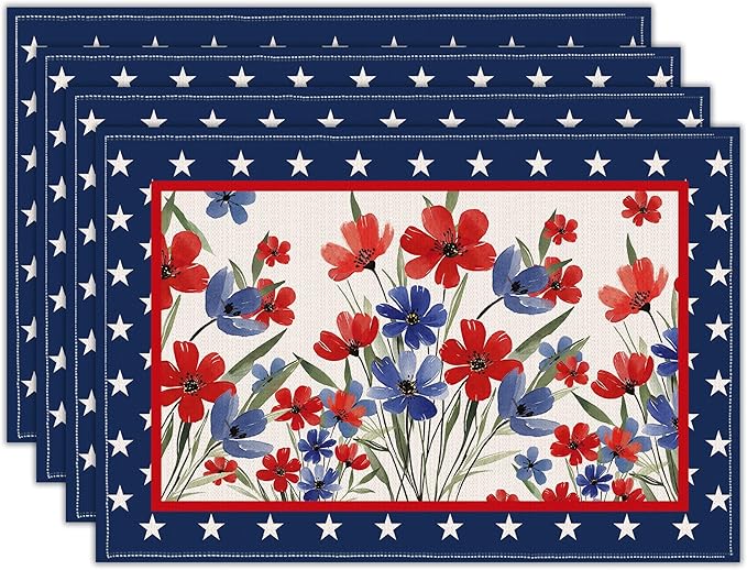 Patriotic Red White Blue Floral Placemats, USA 250th Anniversary 1776-2026 Independence Day Placemats, Watercolor Floral Patriotic Table Mats for 4th of July Memorial Day Party Decor, Set of 4