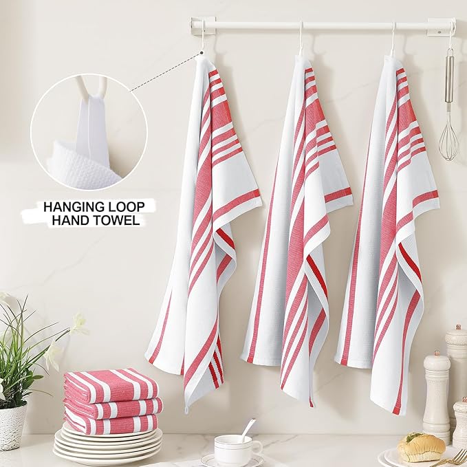 Homaxy Premium Kitchen Towels 18”x 28”, Large Cotton 380 GSM Kitchen Hand Towels, Stripe and Terry Dish Towel, Highly Absorbent Tea Towel Set with Hanging Loop, 6 Pack, Red