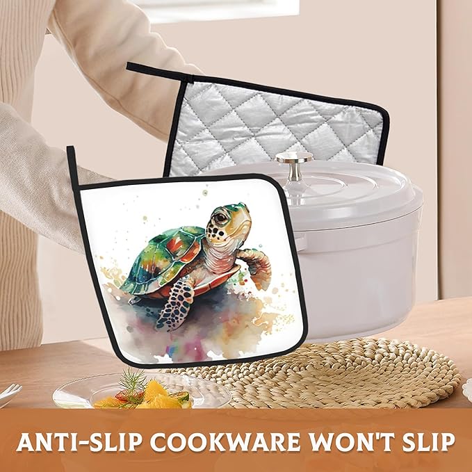 2PCS Turtle Watercolour Pot Holder with Loop,Heat Resistant Oven Pads,Hot Pat for Kitchen Cooking Baking Food