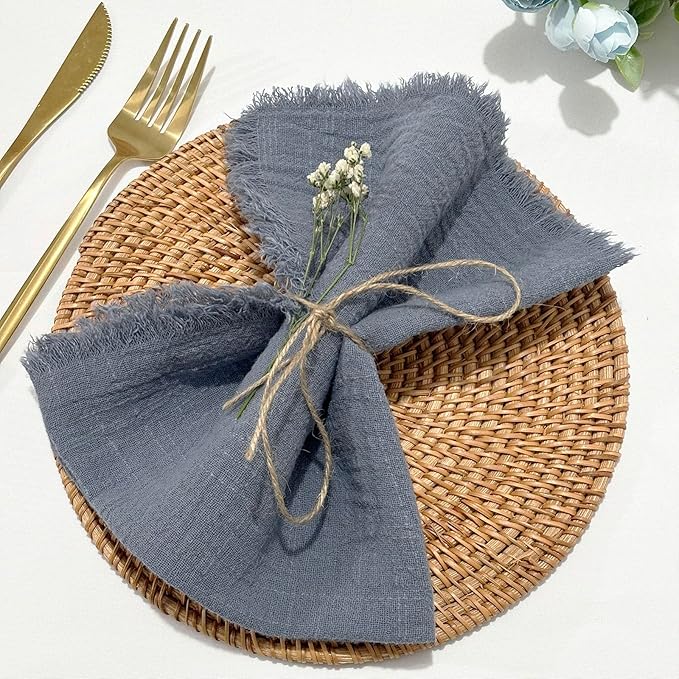 24Pack Dusty Blue Cloth Napkins 17x17Inch Dusty Blue Napkins Cloth with Fringe Soft Cotton Cloth Napkins Washable Rustic Dinner Napkins Cloth for Wedding Party Dinner Table