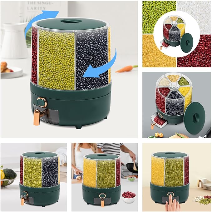 Cereal Dispenser, 6-grid 360° Rotating Grain Dispenser, 6 in 1 Sealed Clear Rice Dispenser, 6.5kg/14.33lbs Grain Storage Container, One-click Output Round Dry Foods Dispenser, 9.25*11.42in Green
