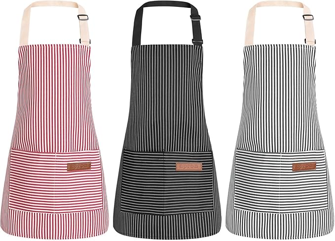 3 Pack Stripes Kids Apron, Adjustable Kids Cooking Aprons with 2 Pockets, Cute Chef Baking Aprons for Boys and Girls