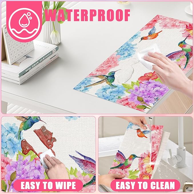 Flowers and Humming Birds Placemats Set of 6,12x18 Inch Spring Floral Linen Place Mat Washable Stain Resistant Table Mats for Seasonal Farmhouse Kitchen Party Home Decor