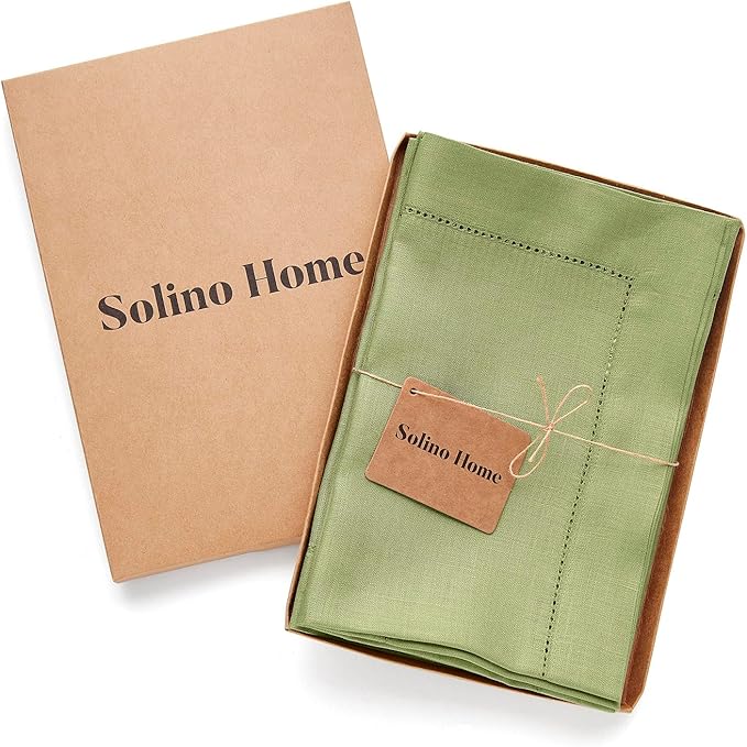 Solino Home Linen Napkins Set of 4 - Classic Hemstitch 100% Pure Linen Moss Green Dinner Napkins Cloth 20 x 20 Inch for Spring, Summer - Handcrafted and Machine Washable