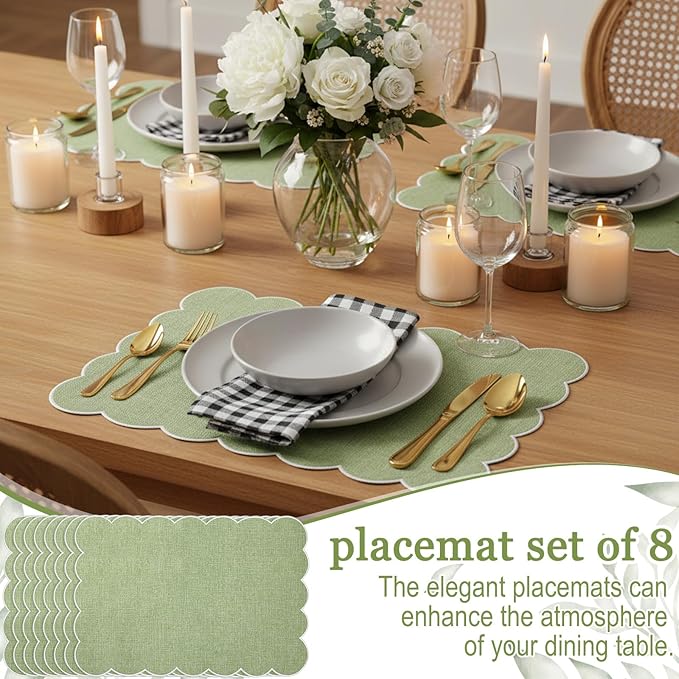 LemonRoad 8 Pcs Boho Linen Placemats Set 13" x 19" Elegant Scalloped Double Layered Placemats Farmhouse Washable Rustic Dining Table Decorations for Kitchen Wedding Banquet (Sage Green,White)