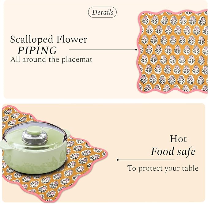 CPC Cotton Placemats Citrine Yellow Set of 4-Hand Block Printed Reversible Placemats, Flower Scalloped & Embroidered Cloth Table Mats - 14 x 20 inch Gift for Spring, Mother's Day