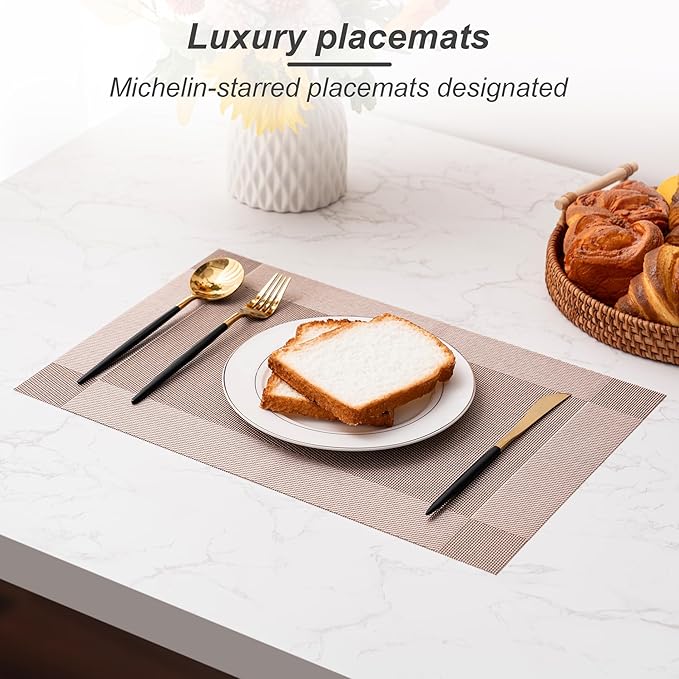 CADONO Placemats Set of 4 Washable Indoor/Outdoor Vinyl Place Mats for Dining Table Durable Non-Slip Heat Resistant PVC Weave Table Mats（Four-Corner-Khaki）