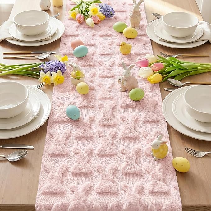 Artoid Mode Pink Soft Plush Faux Fur Jacquard Bunny Rabbit Easter Table Runner, Seasonal Kitchen Dining Table Decoration for Home Party Decor 13x72 Inch