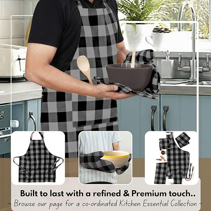 Native Fab Buffalo Plaid Check Oven Mitts and Pot Holders Set of 4, 100% Cotton Heat Resistant Kitchen Gloves, 2 Oven Mitts (7x13), 2 Pot Holders (8x8) for Cooking & Baking, Ash Grey Black