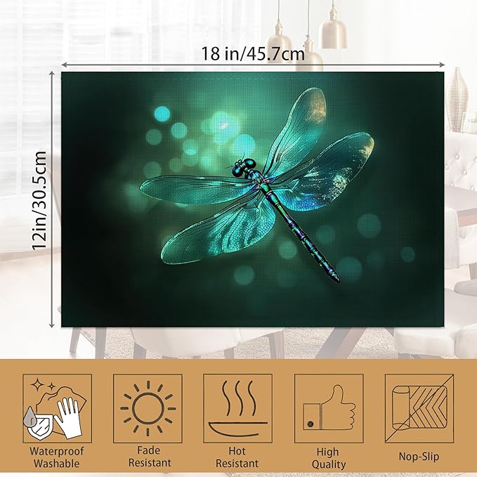 Placemats Set of 6,Green Dragonfly Table Mats,Glass Dragonfly Washable Linen Table Mats,Non-Slip Heat Resistant Placemats for Party Kitchen Dining Indoor Outdoor 12"x18"