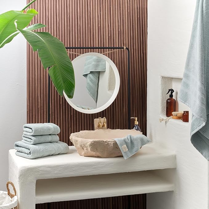 SOFE H&L | Olea Luxury Turkish Cotton Bath Towels Set of 4 : 4 Wash Cloths Light Blue | Premium, Soft, Durable, Absorbent | Turkish Washcloths for Face