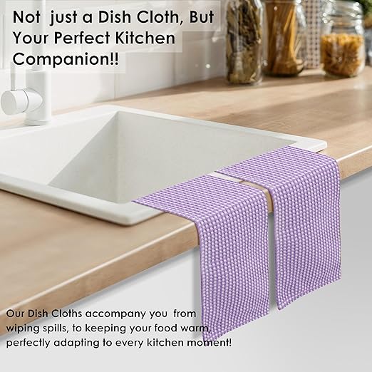 12 Pack Dual Tone Waffle Weave Dish Cloth, 12x12 Inches, 100% Cotton, Reversible, Super Absorbent, Quick Dry, Durable Dishcloth Set, Soft Hand Towels for Cleaning, Lavender