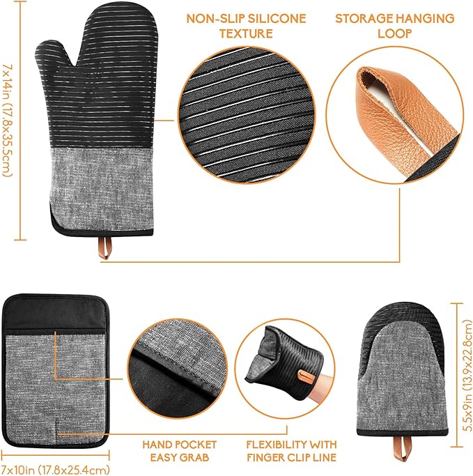TIPTAP Kitchen Oven Mitts 4pcs Set- Non-Slip Cotton Oven Mitt & Pot Holders – Heat Resistant, Durable & Machine-Washable -One Long Mit, Two Mini Oven Mitts & One Pot Holder (Black)