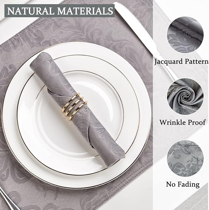 Cloth Napkins Set of 8 – Square 17x17 Inch Jacquard Fabric Polyester Washable Reusable Cloth Napkins for Kitchen Dinner Dining Restaurants Wedding Party Banquet Table (Grey, 17X17 Inch)