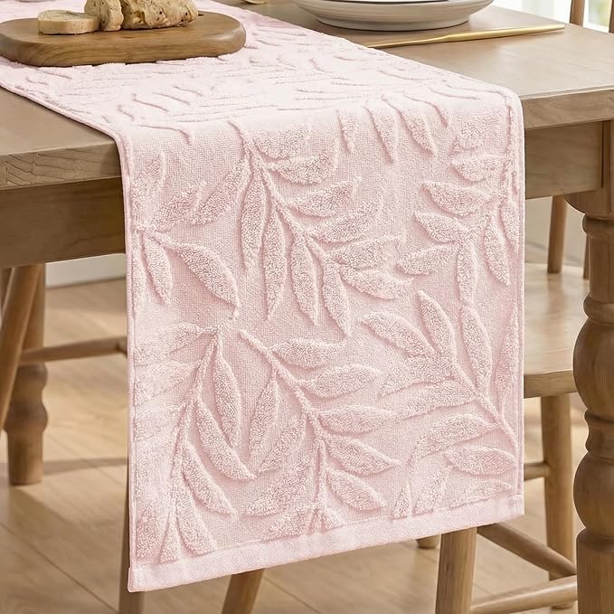Artoid Mode Pink Soft Cotton Jacquard Leaves Spring Table Runner, Holiday Kitchen Dining Table Decoration for Home Party Decor 13x72 Inch